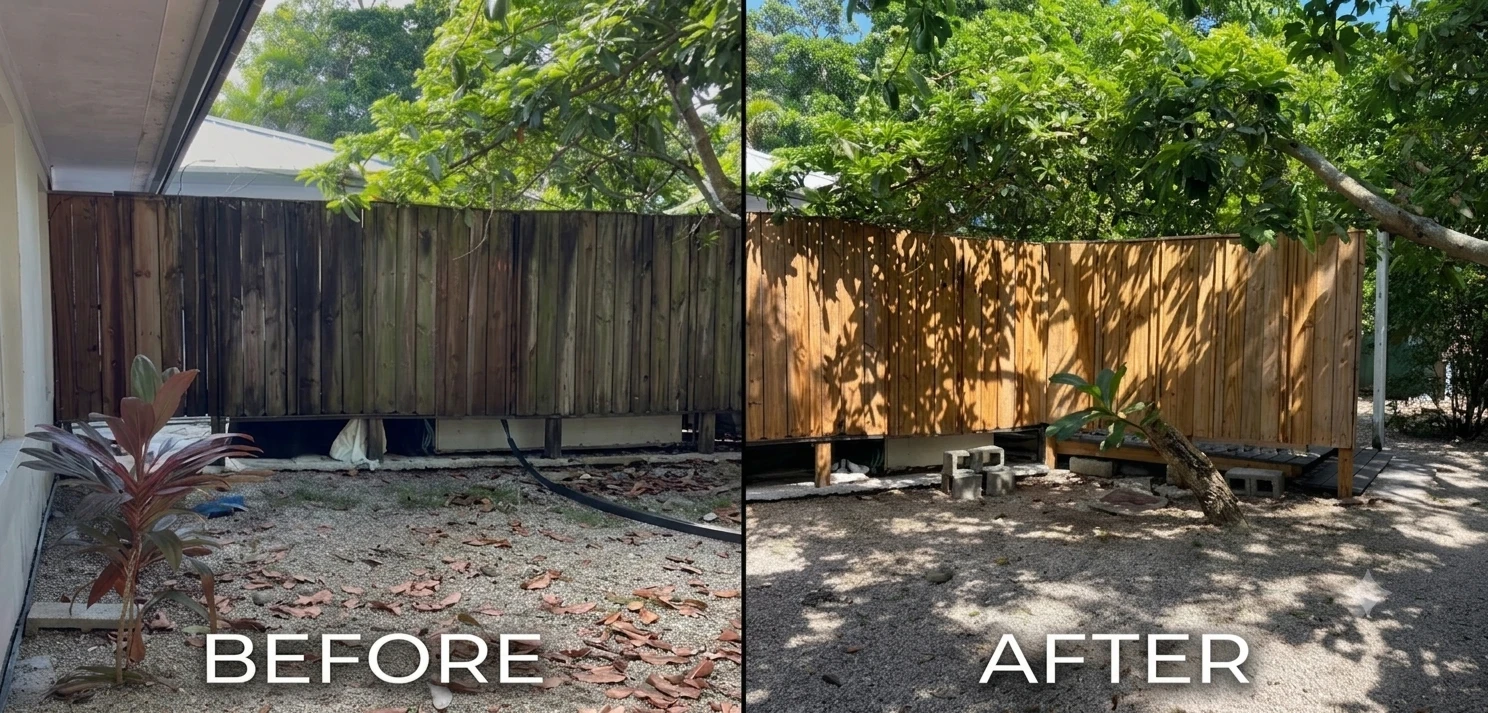 Before and after fence restoration